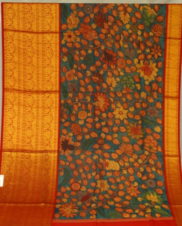 KALAMKARI HAND PAINTED KANCHI  BIG BORDER  FLORAL  SAREE -KHPPPKBBFS014