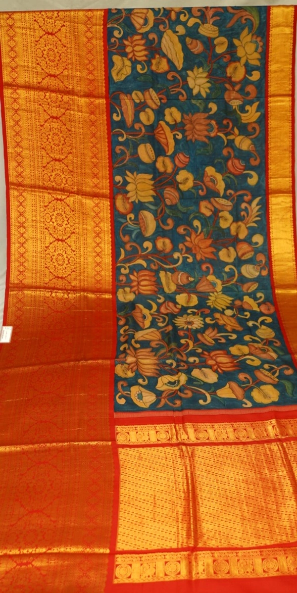 KALAMKARI HAND PAINTED KANCHI  BIG BORDER  FLORAL  SAREE -KHPPPKBBFS015