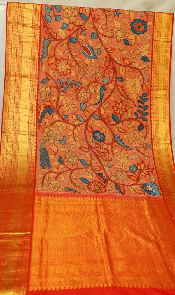 KALAMKARI HAND PAINTED KANCHI  BIG BORDER  FLORAL  SAREE -KHPPPKBBFS016