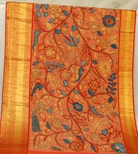 KALAMKARI HAND PAINTED KANCHI  BIG BORDER  FLORAL  SAREE -KHPPPKBBFS016