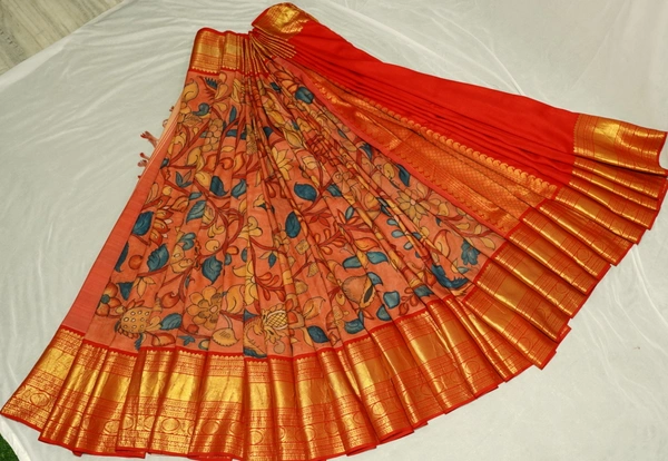 KALAMKARI HAND PAINTED KANCHI  BIG BORDER  FLORAL  SAREE -KHPPPKBBFS016