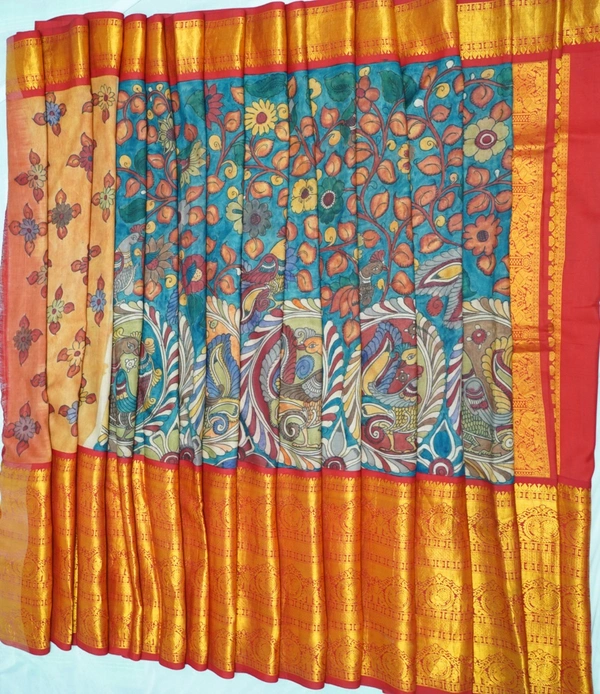 KALAMKARI HAND PAINTED KANCHI  BIG BORDER  FLORAL  SAREE -KHPPPKBBFS018