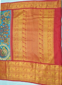 KALAMKARI HAND PAINTED KANCHI  BIG BORDER  FLORAL  SAREE -KHPPPKBBFS018