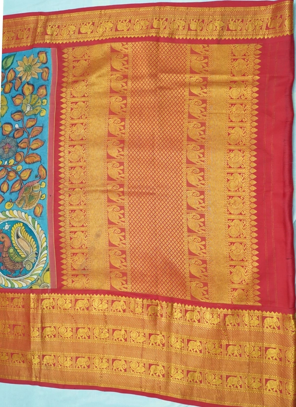 KALAMKARI HAND PAINTED KANCHI  BIG BORDER  FLORAL  SAREE -KHPPPKBBFS018