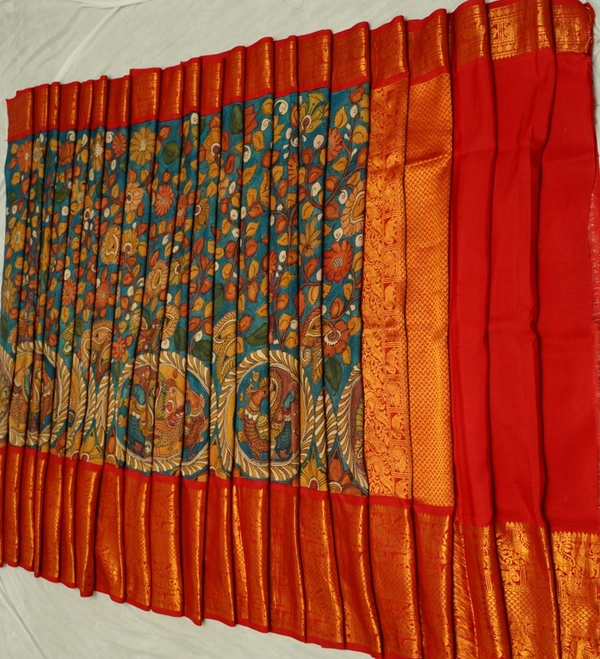 KALAMKARI HAND PAINTED KANCHI  BIG BORDER  FLORAL  SAREE -KHPPPKBBFS017