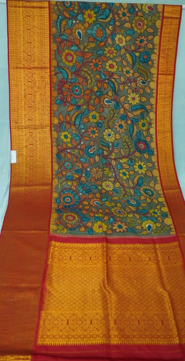 KALAMKARI HAND PAINTED KANCHI  BIG BORDER  FLORAL  SAREE -KHPKBBFS025