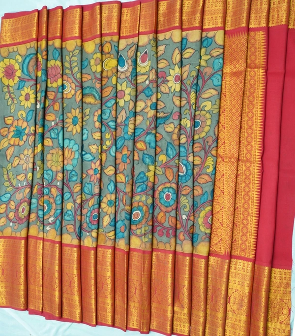 KALAMKARI HAND PAINTED KANCHI  BIG BORDER  FLORAL  SAREE -KHPKBBFS025