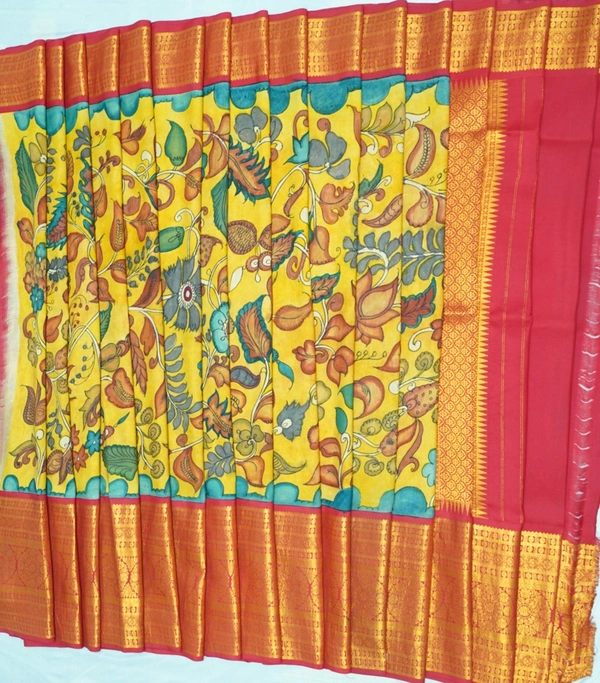 KALAMKARI HAND PAINTED KANCHI  BIG BORDER  FLORAL  SAREE -KHPPPKBBFS024