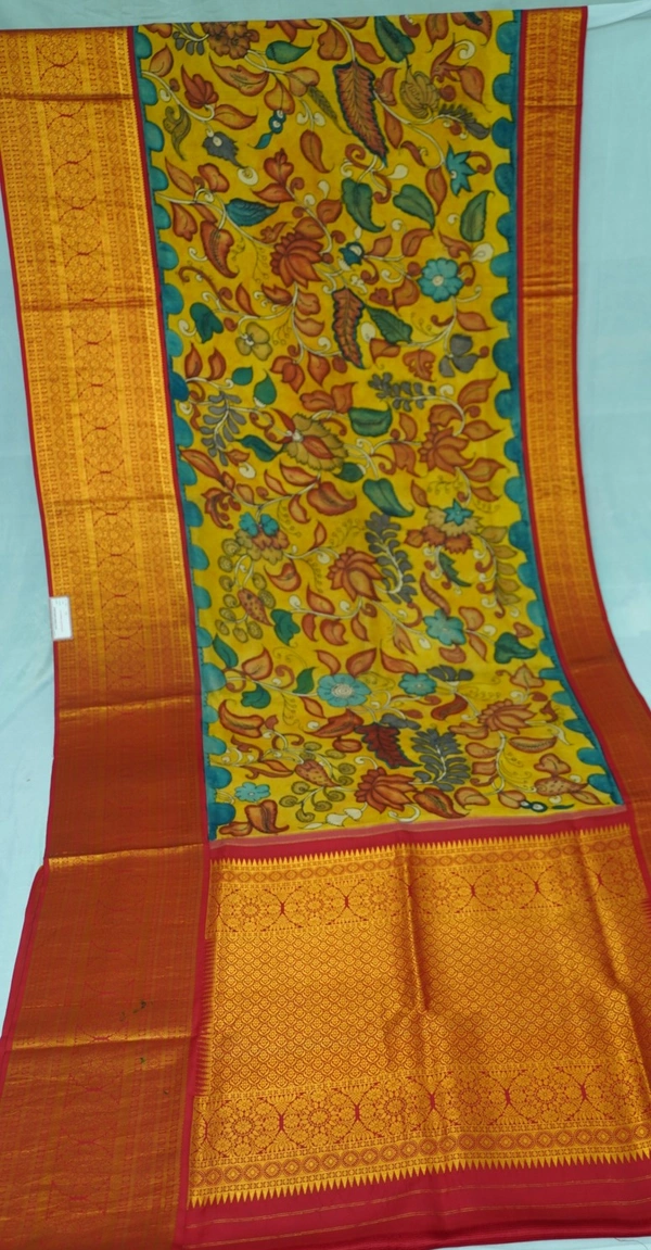 KALAMKARI HAND PAINTED KANCHI  BIG BORDER  FLORAL  SAREE -KHPPPKBBFS024