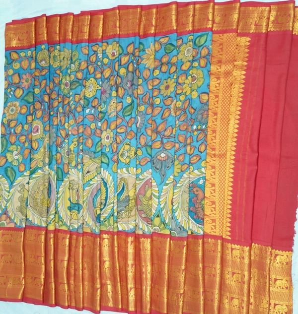 KALAMKARI HAND PAINTED KANCHI  BIG BORDER  FLORAL  SAREE -KHPPPKBBFS023