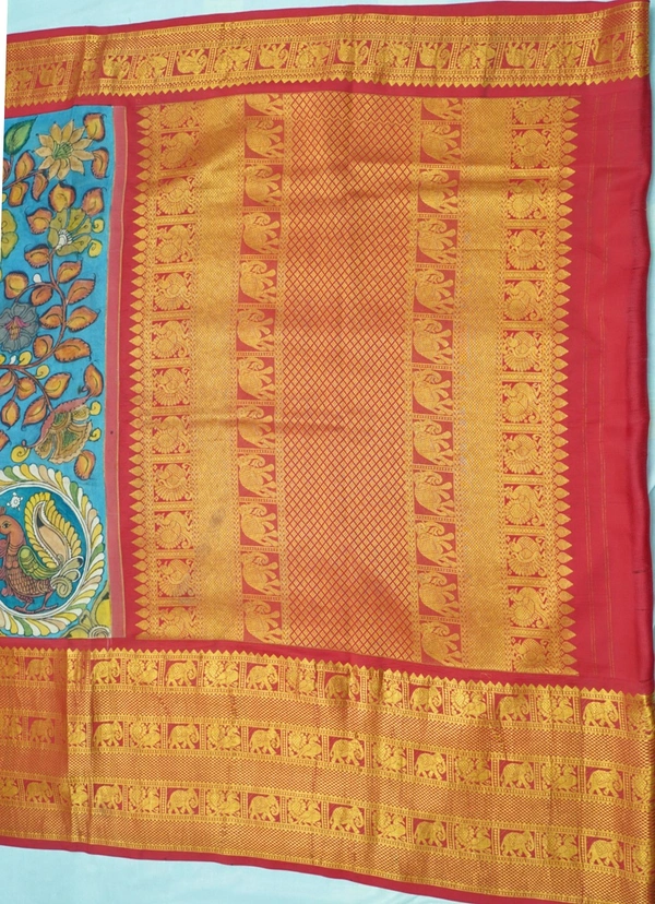 KALAMKARI HAND PAINTED KANCHI  BIG BORDER  FLORAL  SAREE -KHPPPKBBFS023