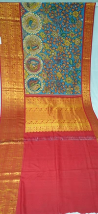 KALAMKARI HAND PAINTED KANCHI  BIG BORDER  FLORAL  SAREE -KHPPPKBBFS023