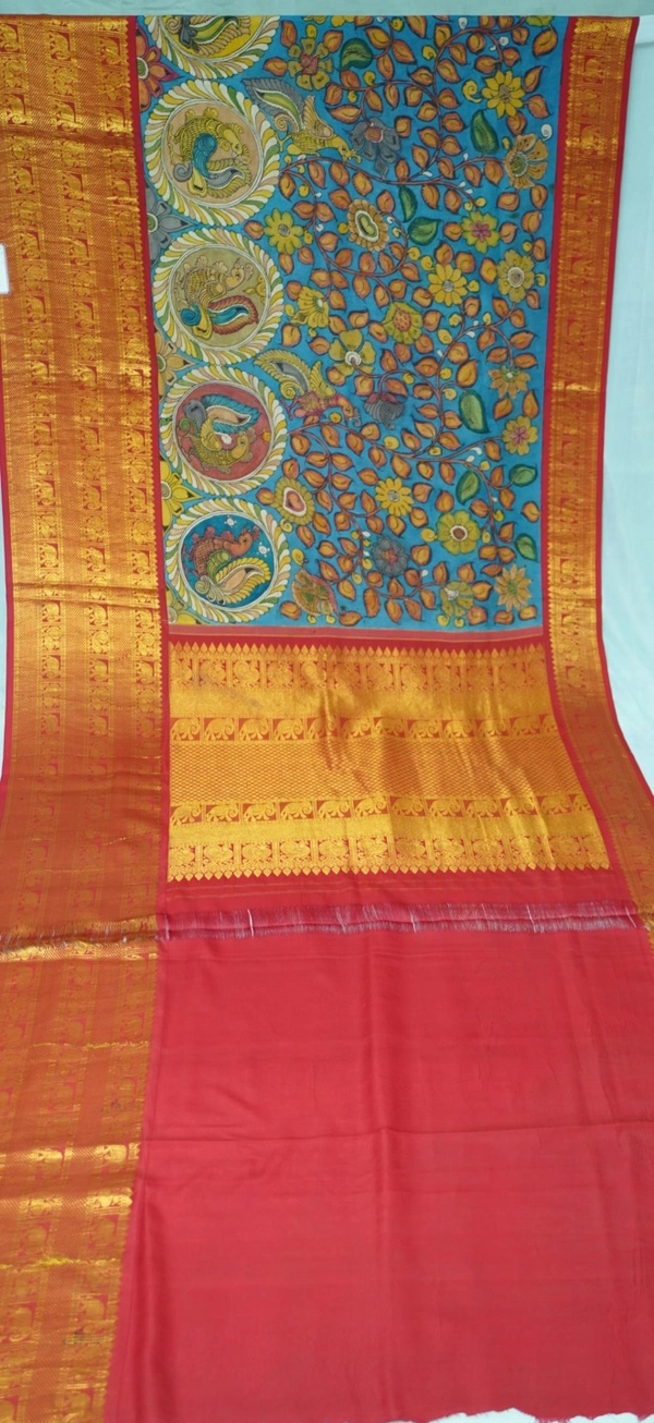 KALAMKARI HAND PAINTED KANCHI  BIG BORDER  FLORAL  SAREE -KHPPPKBBFS023