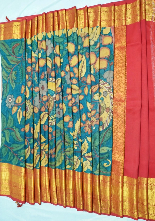 KALAMKARI HAND PAINTED KANCHI  BIG BORDER  FLORAL  SAREE -KHPPPKBBFS022