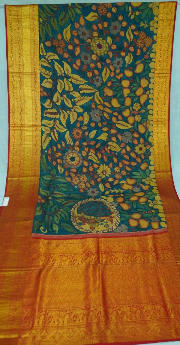 KALAMKARI HAND PAINTED KANCHI  BIG BORDER  FLORAL  SAREE -KHPPPKBBFS022