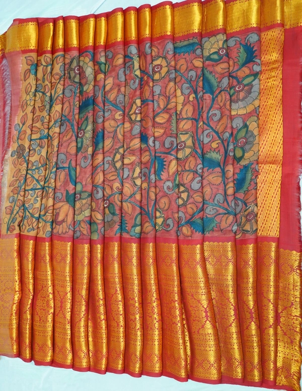 KALAMKARI HAND PAINTED KANCHI  BIG BORDER  FLORAL  SAREE -KHPPPKBBFS020