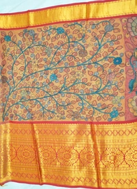 KALAMKARI HAND PAINTED KANCHI  BIG BORDER  FLORAL  SAREE -KHPPPKBBFS020
