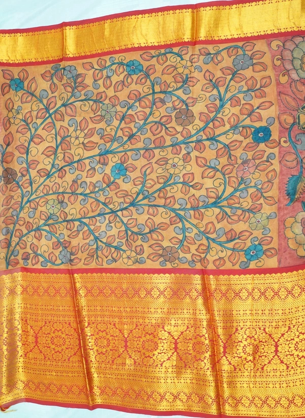 KALAMKARI HAND PAINTED KANCHI  BIG BORDER  FLORAL  SAREE -KHPPPKBBFS020