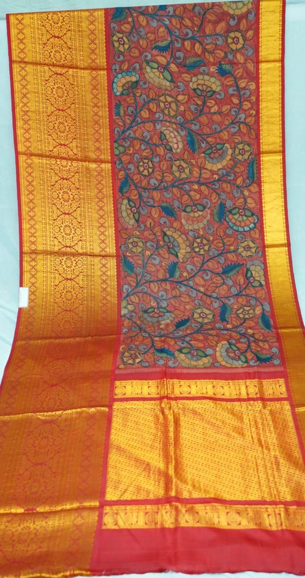 KALAMKARI HAND PAINTED KANCHI  BIG BORDER  FLORAL  SAREE -KHPPPKBBFS020