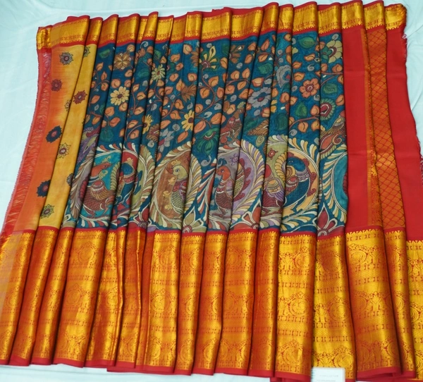 KALAMKARI HAND PAINTED KANCHI  BIG BORDER  FLORAL  SAREE -KHPPPKBBFS021