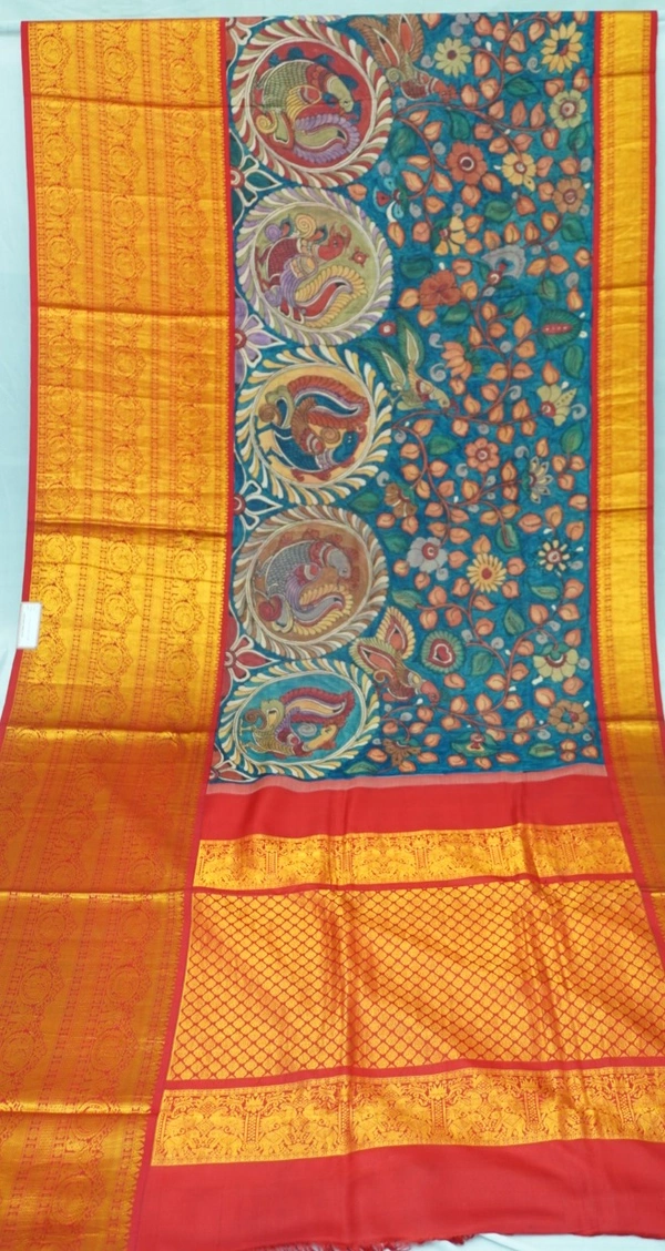 KALAMKARI HAND PAINTED KANCHI  BIG BORDER  FLORAL  SAREE -KHPPPKBBFS021