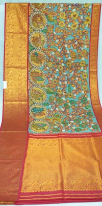 KALAMKARI HAND PAINTED KANCHI  BIG BORDER  FLORAL  SAREE -KHPPPKBBFS019