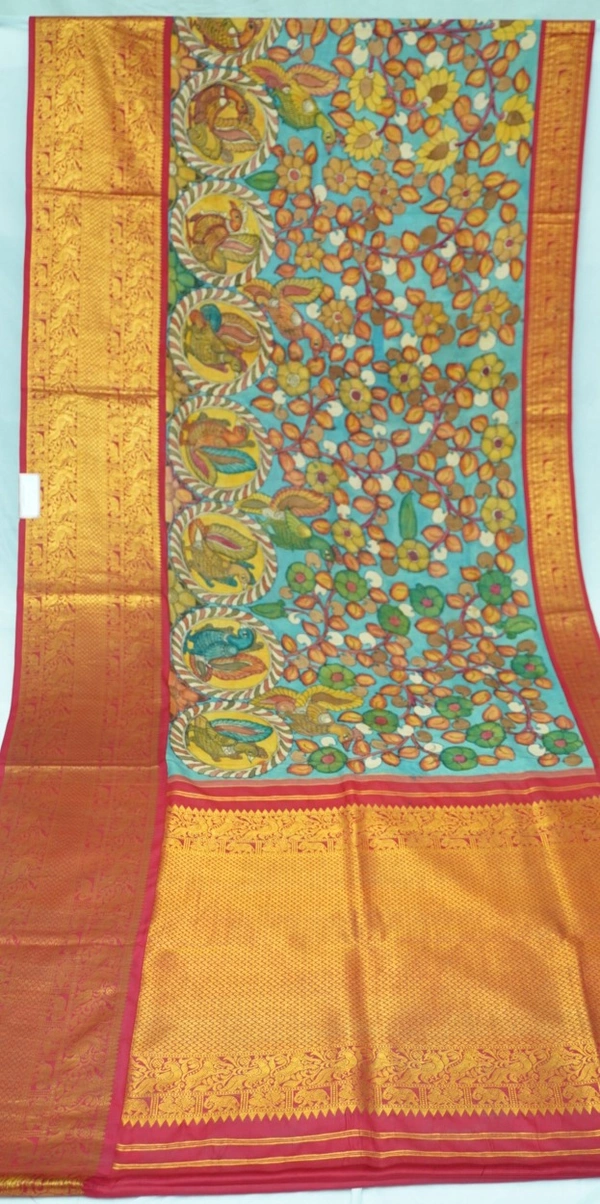 KALAMKARI HAND PAINTED KANCHI  BIG BORDER  FLORAL  SAREE -KHPPPKBBFS019