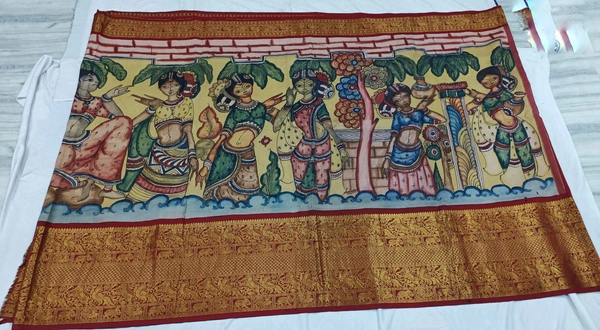 KALAMKARI HAND PAINTED KANCHI BORDER STORY SAREE - KHPKBSS010