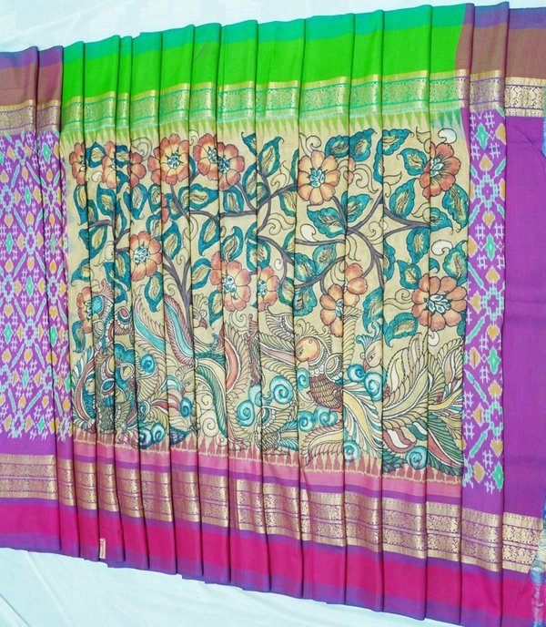 POCHAMPALLY WITH KALAMKARI HAND PAINTED PURE PATTU FLORAL SAREE -PKHPPPFS-003