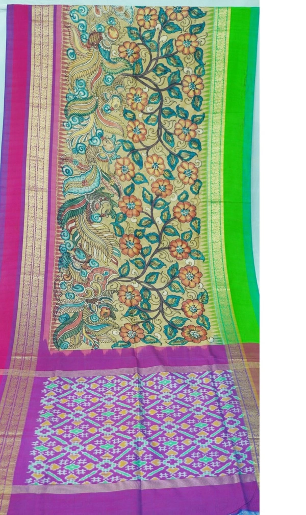 POCHAMPALLY WITH KALAMKARI HAND PAINTED PURE PATTU FLORAL SAREE -PKHPPPFS-003