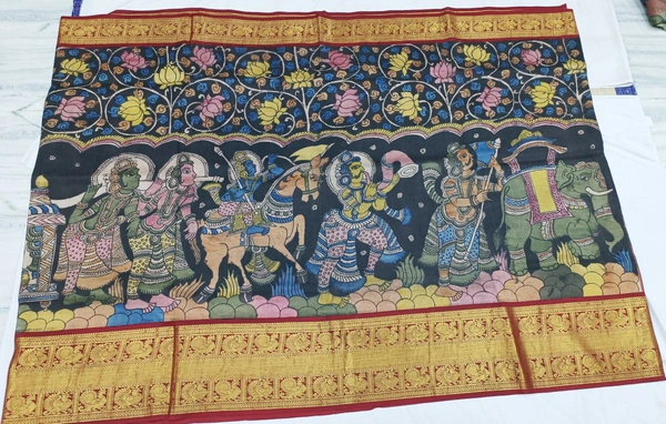 KALAMKARI HAND PAINTED KANCHI BORDER STORY SAREE - KHPKBSS003