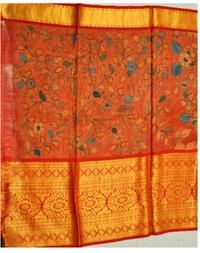KALAMKARI HAND PAINTED KANCHI  BIG BORDER  FLORAL  SAREE -KHPPPKBBFS008