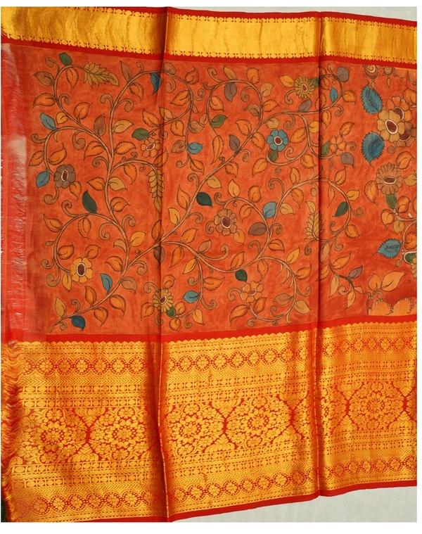 KALAMKARI HAND PAINTED KANCHI  BIG BORDER  FLORAL  SAREE -KHPPPKBBFS008