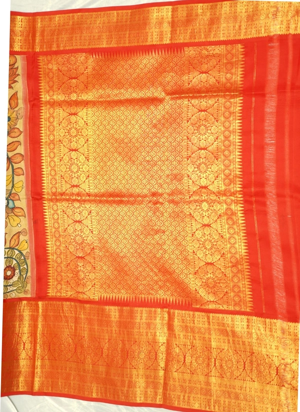 KALAMKARI HAND PAINTED KANCHI BIG BORDER FLORAL  SAREE -KHPPPKBBFS002