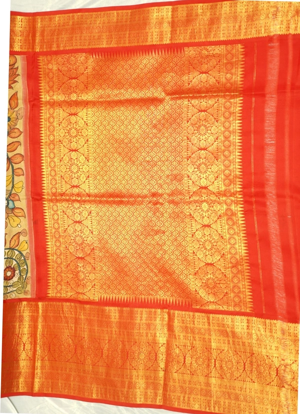 KALAMKARI HAND PAINTED KANCHI BIG BORDER FLORAL SAREE -KHPPPKBBFS003