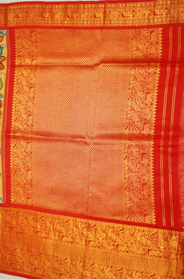KALAMKARI HAND PAINTED KANCHI  BIG  BORDER  FLORAL SAREE -KHPPPKBBFS004