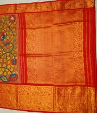 KALAMKARI HAND PAINTED KANCHI  BIG BORDER  FLORAL  SAREE -KHPPPKBBFS009