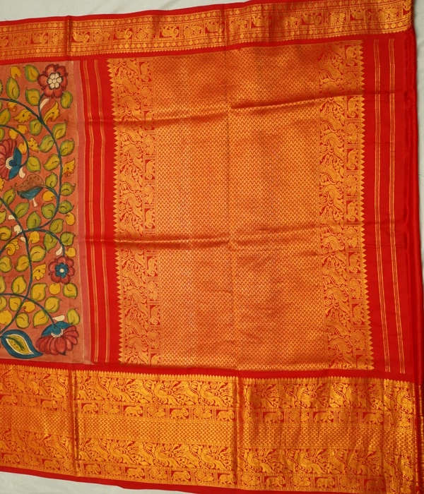 KALAMKARI HAND PAINTED KANCHI  BIG BORDER  FLORAL  SAREE -KHPPPKBBFS009