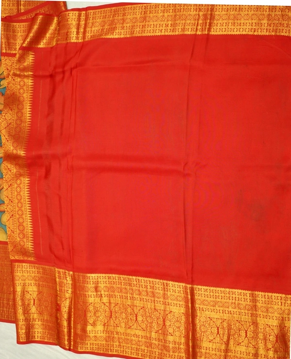 KALAMKARI HAND PAINTED KANCHI  BIG BORDER  FLORAL  SAREE -KHPPPKBBFS013