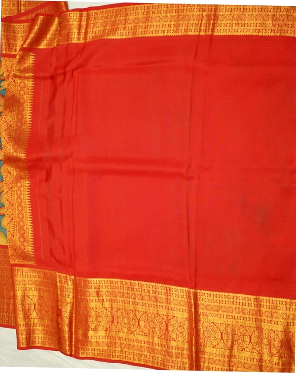 KALAMKARI HAND PAINTED KANCHI  BIG BORDER  FLORAL  SAREE -KHPPPKBBFS014