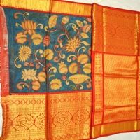 KALAMKARI HAND PAINTED KANCHI  BIG BORDER  FLORAL  SAREE -KHPPPKBBFS015