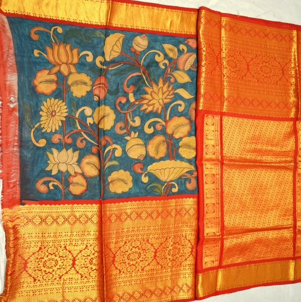 KALAMKARI HAND PAINTED KANCHI  BIG BORDER  FLORAL  SAREE -KHPPPKBBFS015