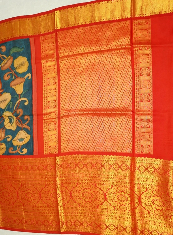 KALAMKARI HAND PAINTED KANCHI  BIG BORDER  FLORAL  SAREE -KHPPPKBBFS015