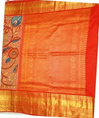KALAMKARI HAND PAINTED KANCHI  BIG BORDER  FLORAL  SAREE -KHPPPKBBFS016