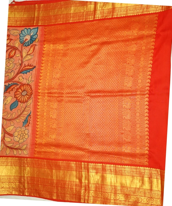 KALAMKARI HAND PAINTED KANCHI  BIG BORDER  FLORAL  SAREE -KHPPPKBBFS016