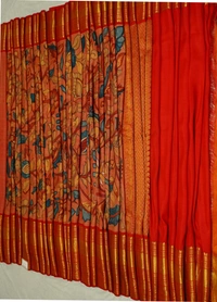 KALAMKARI HAND PAINTED KANCHI  BIG BORDER  FLORAL  SAREE -KHPPPKBBFS016