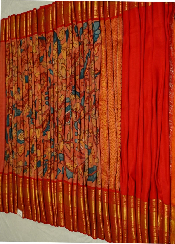 KALAMKARI HAND PAINTED KANCHI  BIG BORDER  FLORAL  SAREE -KHPPPKBBFS016