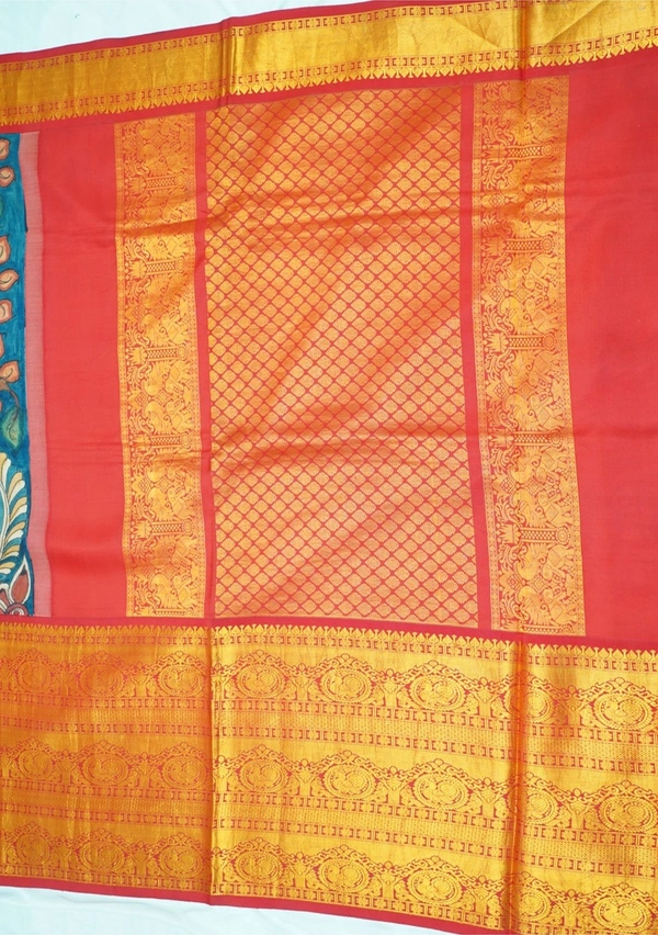 KALAMKARI HAND PAINTED KANCHI  BIG BORDER  FLORAL  SAREE -KHPPPKBBFS021