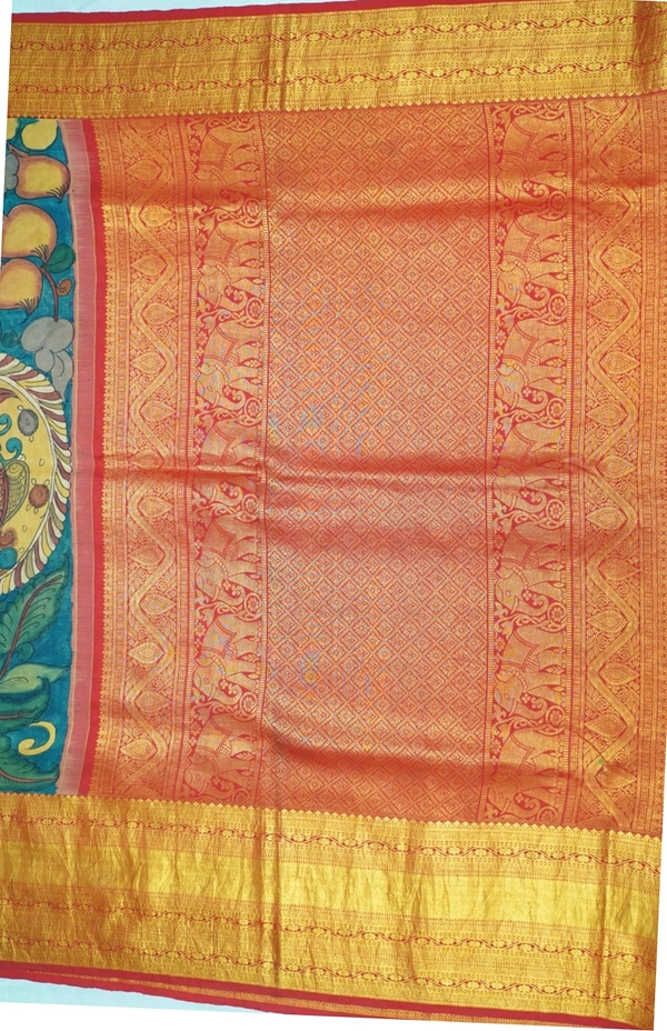 KALAMKARI HAND PAINTED KANCHI  BIG BORDER  FLORAL  SAREE -KHPPPKBBFS022