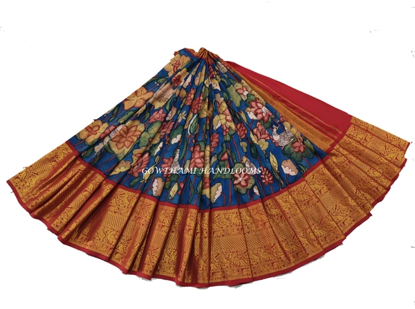 KALAMKARI HAND PAINTED KANCHI BIG BORDER FLORAL  SAREES -KHPPPKBBFS001